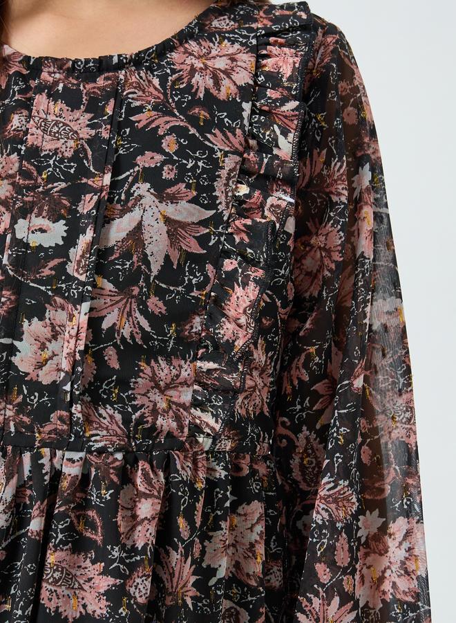 Styli Girls Black Floral Print Long Sleeve Dress - Image 2